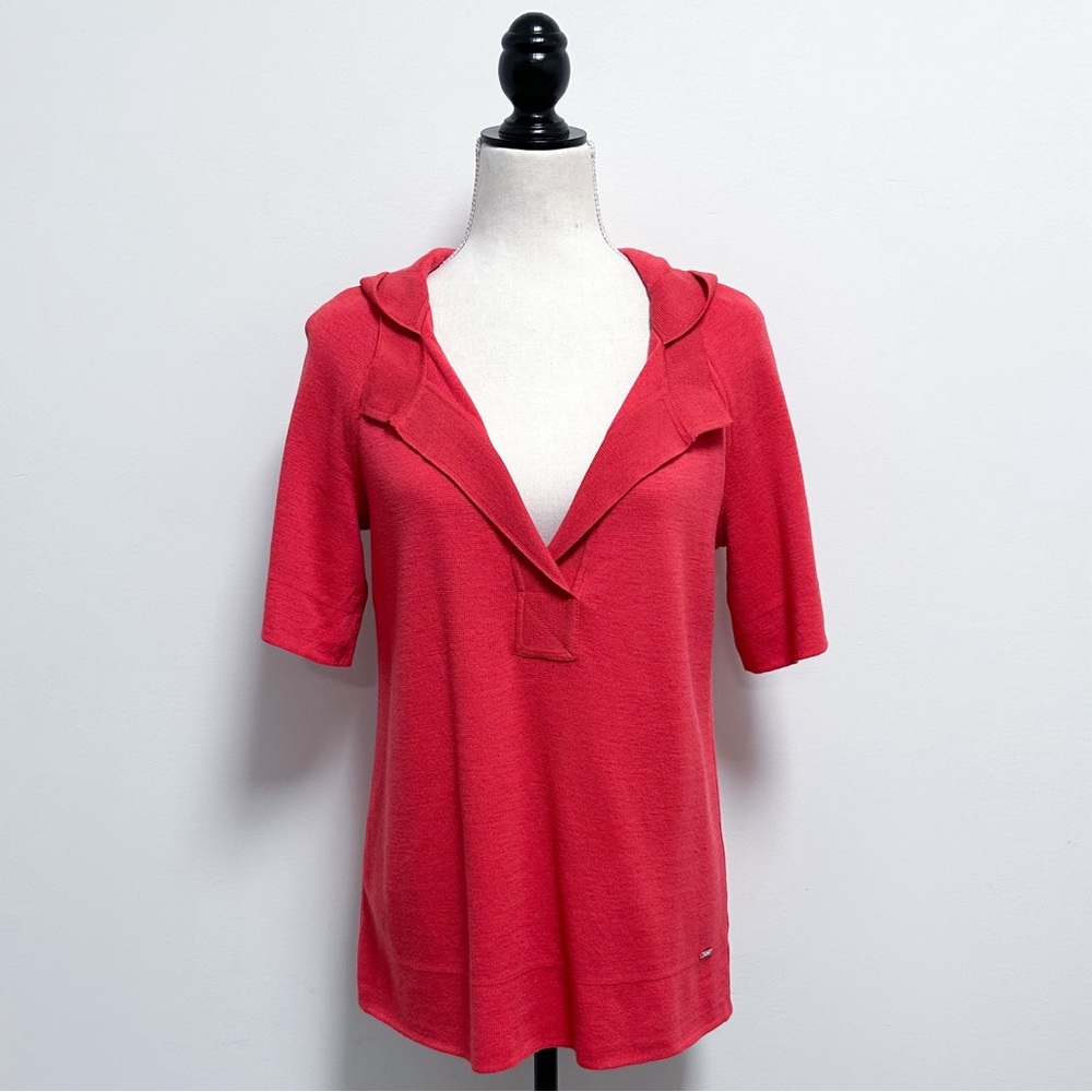 St John Coral Watermelon Red Wool Knit Hooded V Neck Short Sleeve Shirt Small P